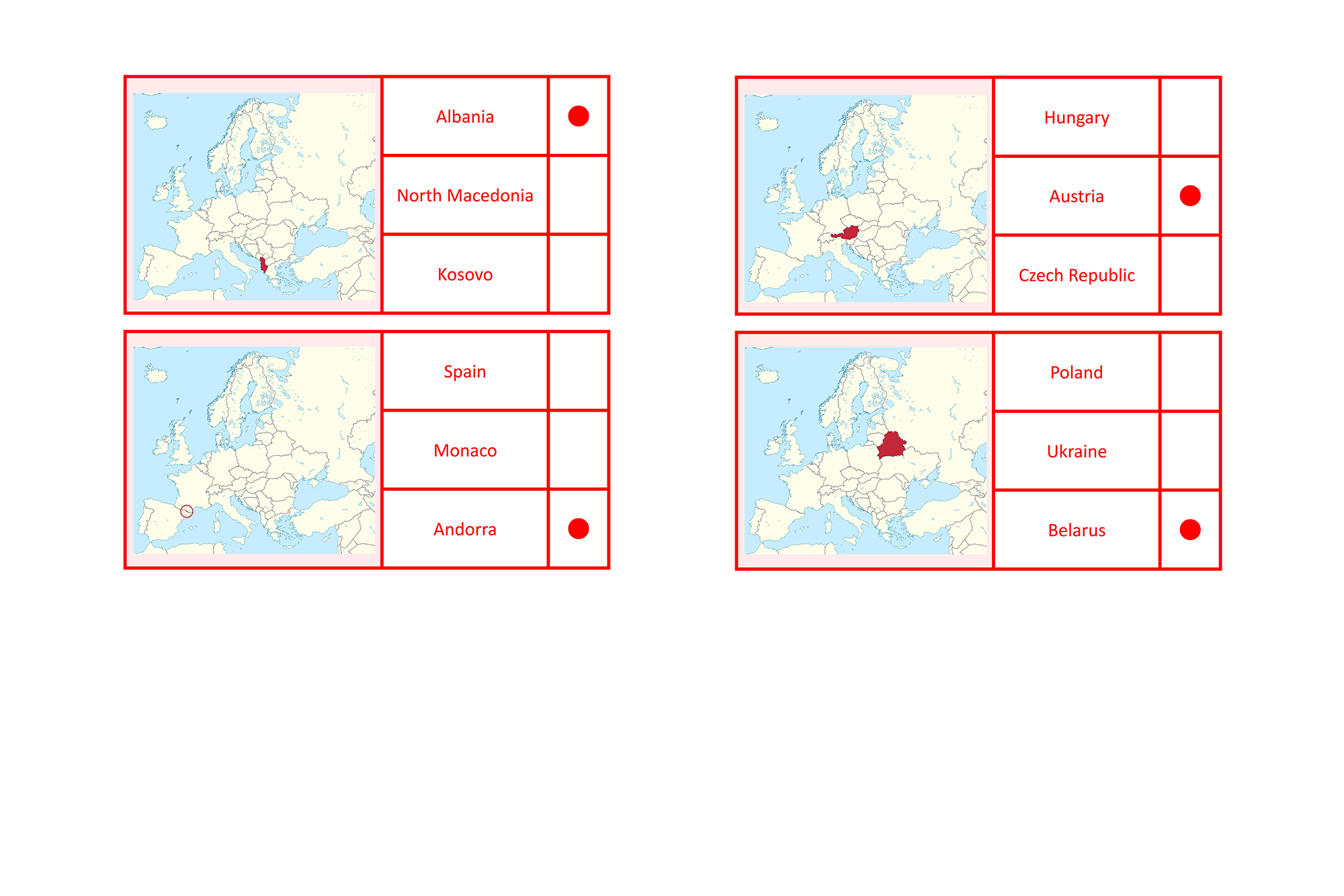 Clip cards: European countries and their map, English