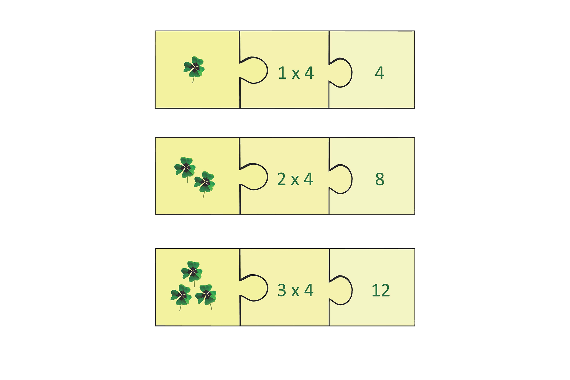 Mathematik: Puzzles zur 4er Reihe; mathematics: jigsaws row of 4; mathématiques: puzzle: rangée de 4; matemáticas: puzzle: fila de 4; matematica: puzzle: fila di 4