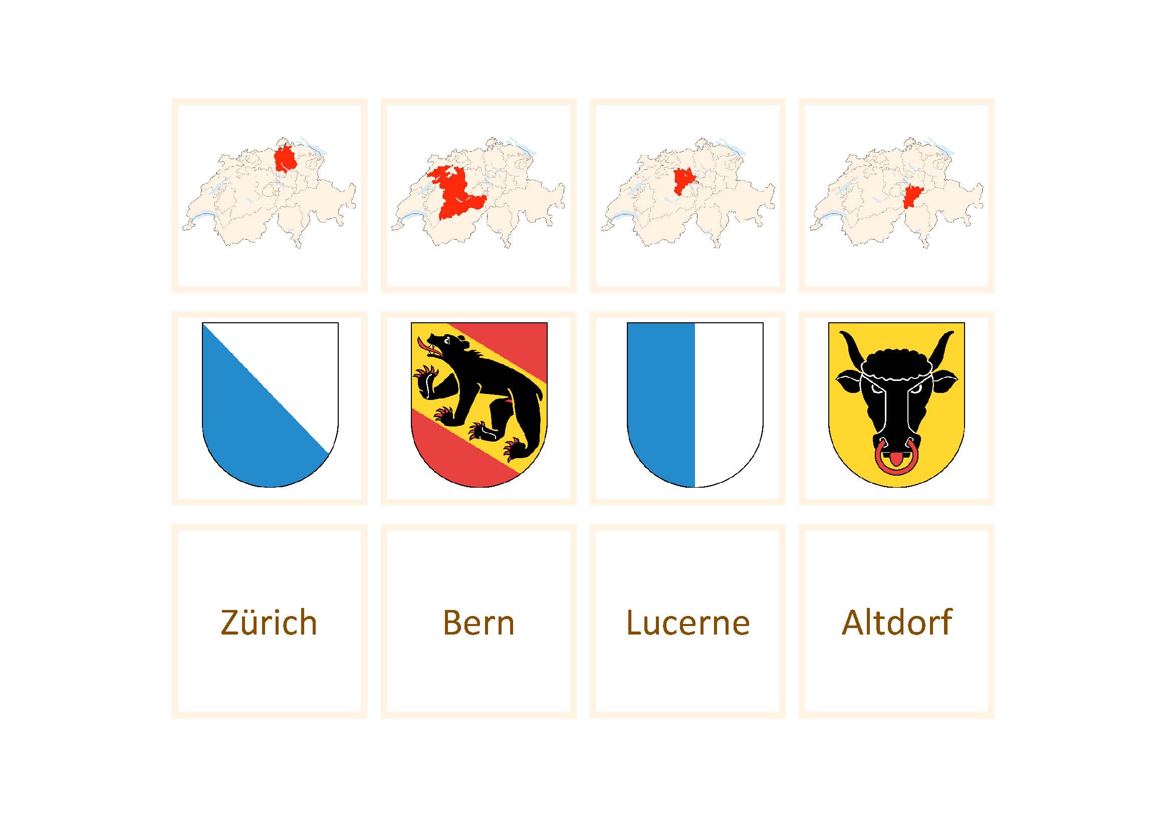 Matching game: Swiss cantons, their coats of arms and the main towns, English